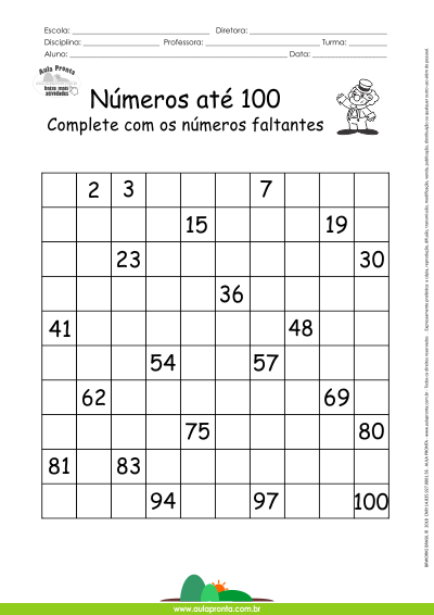 Atividade Números até 100 - Complete com os números faltantes