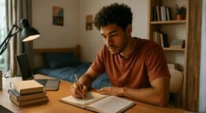 Uma pessoa jovem estudando concentrada em seu quarto, sentada à mesa com livros e laptop, sob luz suave e natural, criando uma atmosfera tranquila e realista