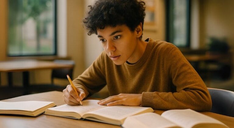 Pessoa estudando com concentração em ambiente interno bem iluminado, cercada por livros sobre a mesa, com expressão atenta e natural