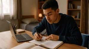 Um estudante concentrado escreve em seu caderno sobre a mesa de estudos em seu quarto, com luz natural suave entrando pela janela, laptop e livros ao redor, criando uma atmosfera realista e envolvente de dedicação aos estudos