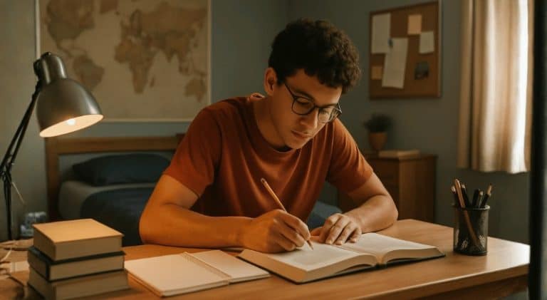 Uma pessoa estudando em seu quarto, sentada à mesa, concentrada em um livro aberto, com iluminação suave e ambiente organizado, transmitindo foco e tranquilidade