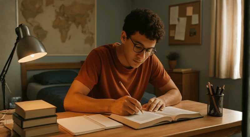 Uma pessoa estudando em seu quarto, sentada à mesa, concentrada em um livro aberto, com iluminação suave e ambiente organizado, transmitindo foco e tranquilidade