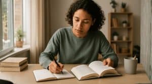 Uma pessoa concentrada escreve um resumo em seu caderno enquanto consulta um livro aberto sobre a mesa, em um ambiente de estudo iluminado por luz natural, com clima acolhedor e realista