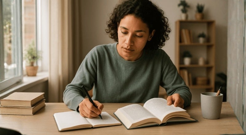Uma pessoa concentrada escreve um resumo em seu caderno enquanto consulta um livro aberto sobre a mesa, em um ambiente de estudo iluminado por luz natural, com clima acolhedor e realista