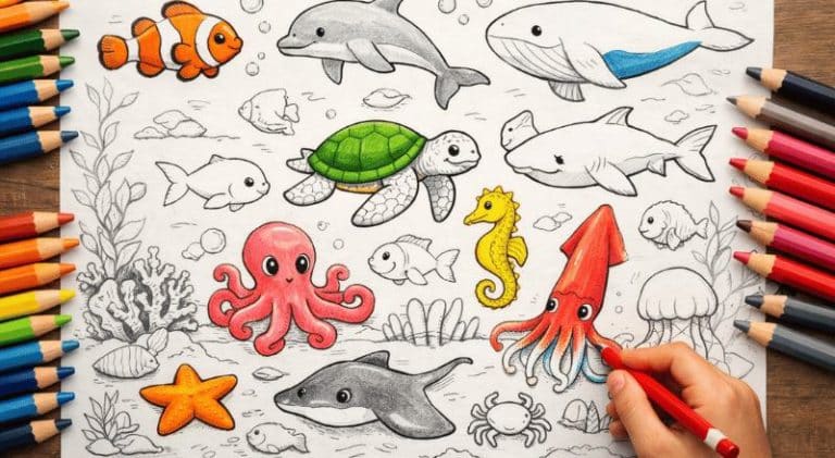 Ilustração em estilo desenho infantil para colorir mostrando um cenário de oceano com vários animais marinhos, como peixe-palhaço, tartaruga, golfinho, tubarão, estrela-do-mar, cavalo-marinho, polvo, lula, baleia e arraia