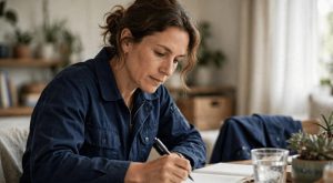 adulto estudando em casa usando uniforme de trabalho, com caderno aberto, luz natural suave