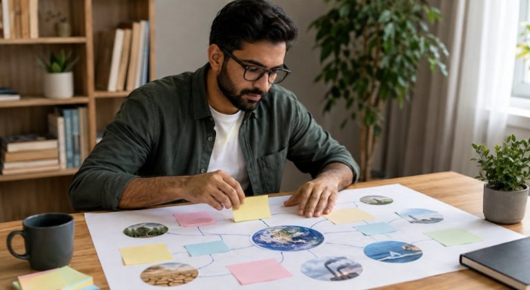 Pessoa concentrada organizando um mapa mental sobre aquecimento global, com imagens ambientais e conexões visuais sobre clima, natureza e poluição