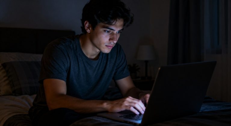 Jovem digitando no notebook em um quarto escuro, iluminado suavemente pela luz da tela, em um ambiente íntimo e realista.