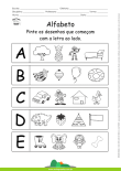Alfabeto - Pinte os desenhos que começam com A, B, C, D e E
