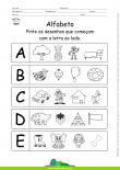 Alfabeto - Pinte os desenhos que começam com A, B, C, D e E