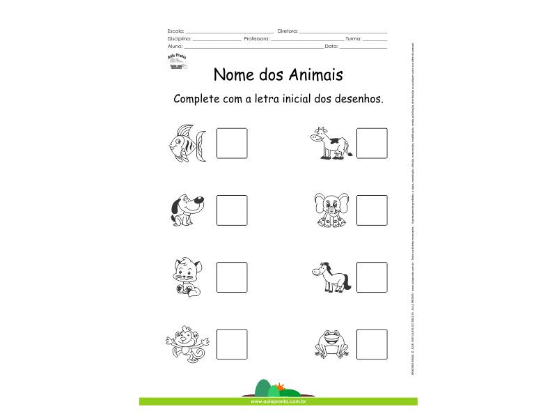 Nome dos Animais - Complete com a letra inicial dos desenhos - Aula Pronta